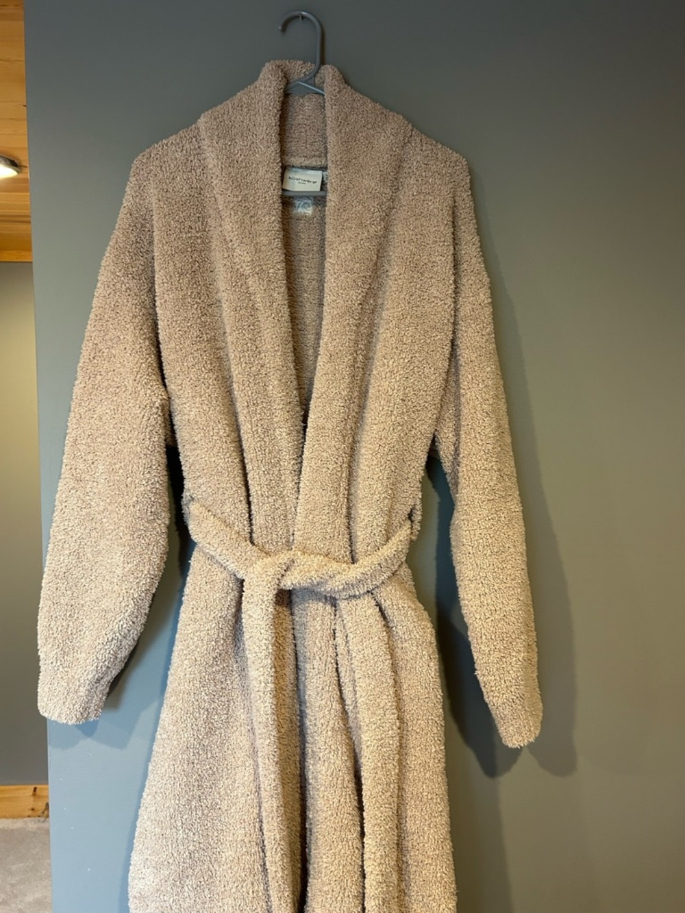 Kashwere Shawl Collar Teddy Robe with Self-Tie Belt in Light Beige